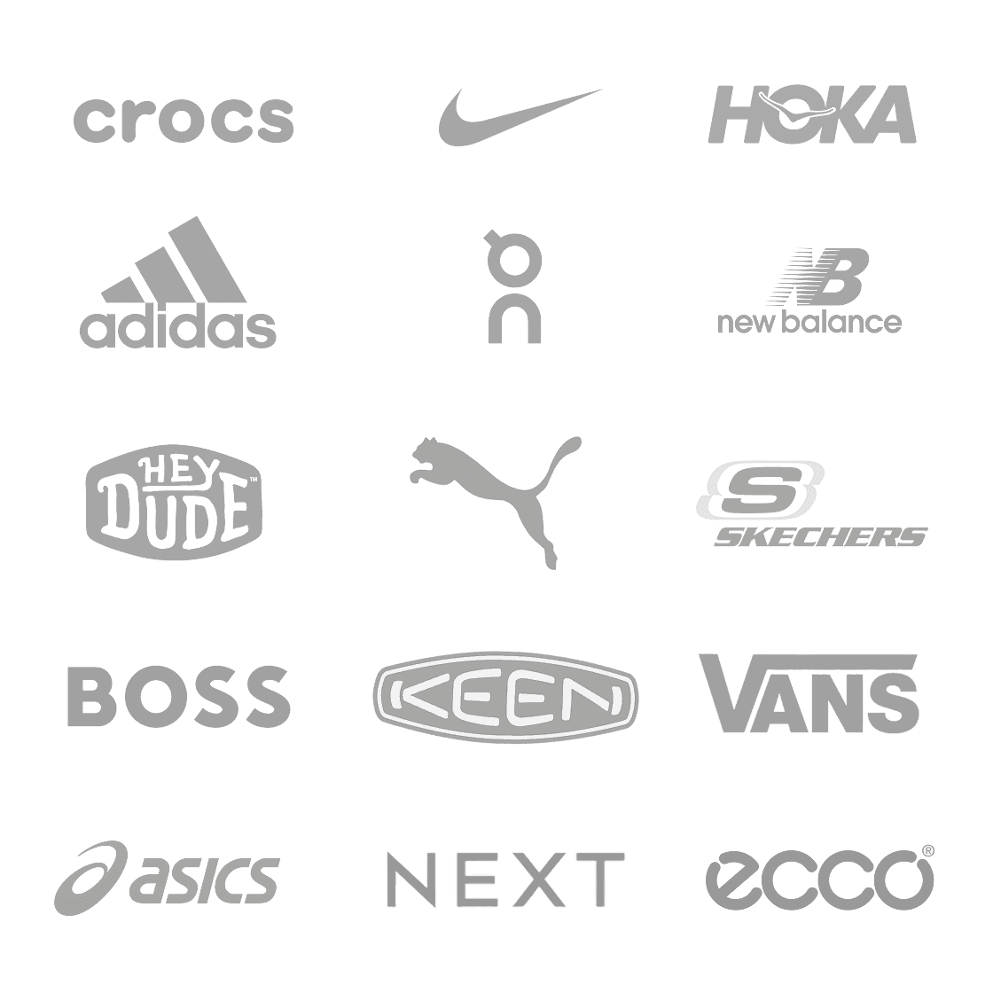 Logos of shoe brands supported - crocs, nike, hoka, adidas, on, new balance, HEYDUDE, puma, skechers, boss, keen, vans, asics, next, ecco and more